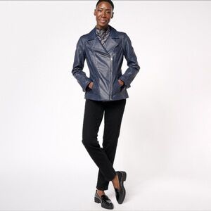 NEW Chicos Vegan Leather Asymmetrical ZipperDark Deep Navy Jacket Medium